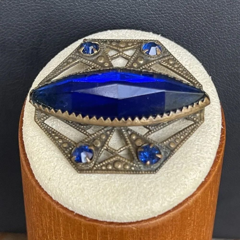 Antique Art Deco Antiqued Bronze Blue Glass Rhinestone Pin Brooch C Clasp